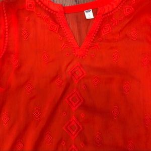 Bright orange sheer Old Navy blouse w tank.